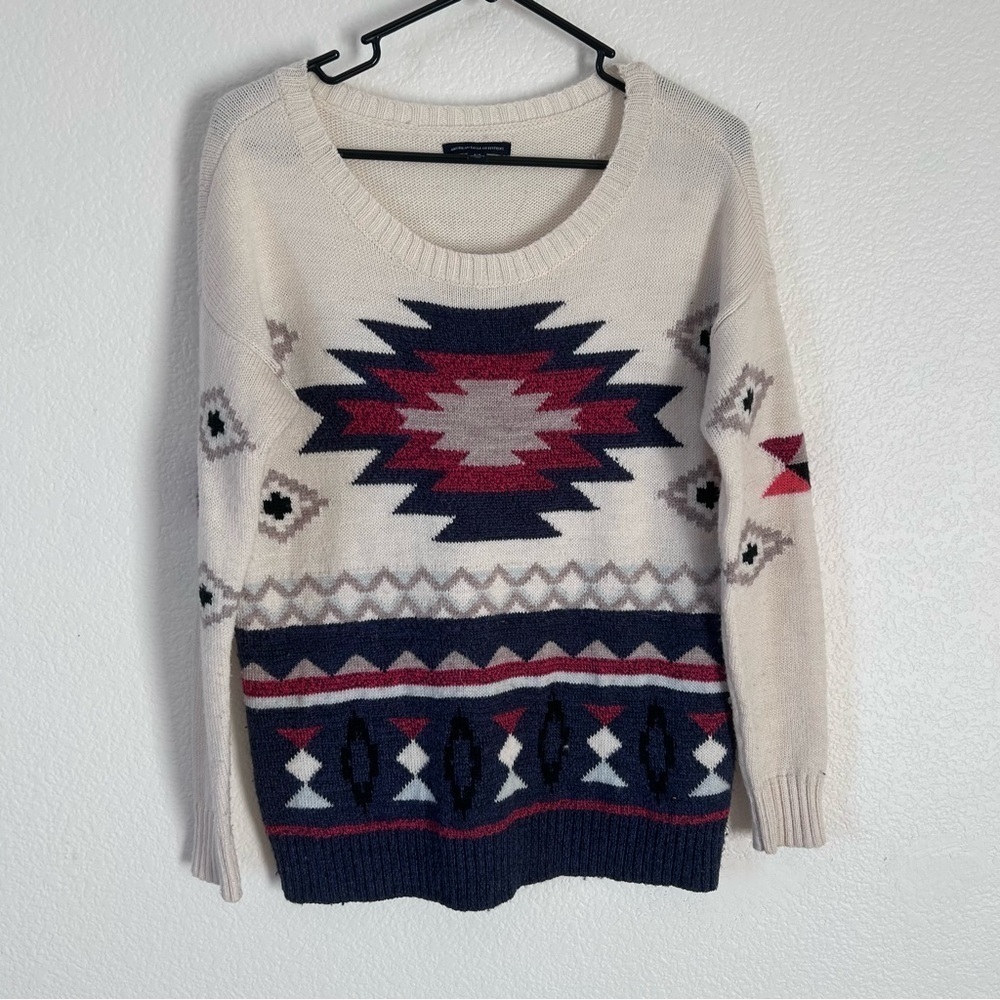 American Eagle Outfitters Beige and Burgundy Geometric Sweater